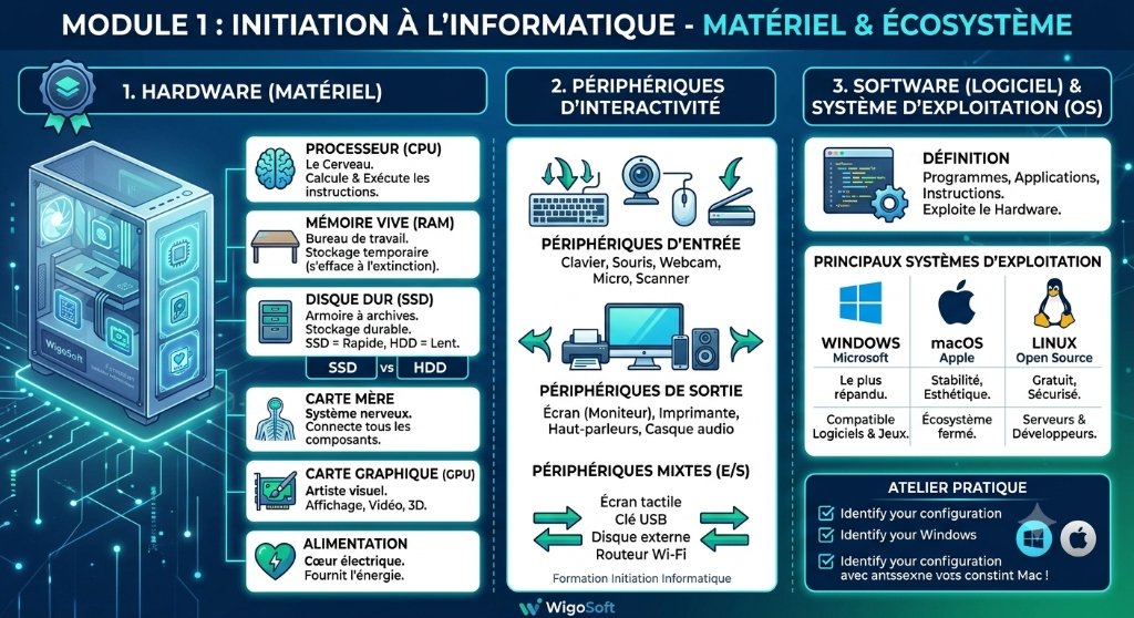 Infographie récapitulative : Initiation à l'informatique - Matériel et Écosystème